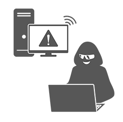 警告画面が表示されたPC画面とハッカーのイラスト