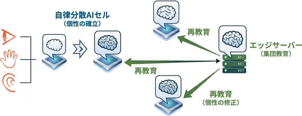 株式会社シーズの独自技術『自律分散AIセル』による工場内制御・ファクトリーオートメーションへの応用イメージ